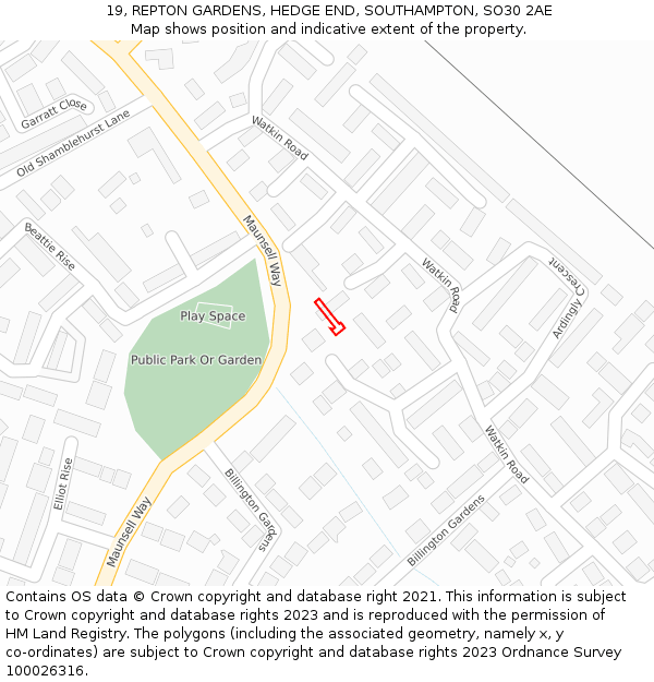 19, REPTON GARDENS, HEDGE END, SOUTHAMPTON, SO30 2AE: Location map and indicative extent of plot