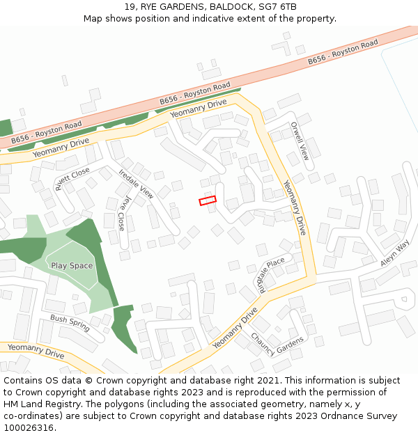 19, RYE GARDENS, BALDOCK, SG7 6TB: Location map and indicative extent of plot