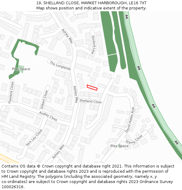 19, SHELLAND CLOSE, MARKET HARBOROUGH, LE16 7XT: Location map and indicative extent of plot