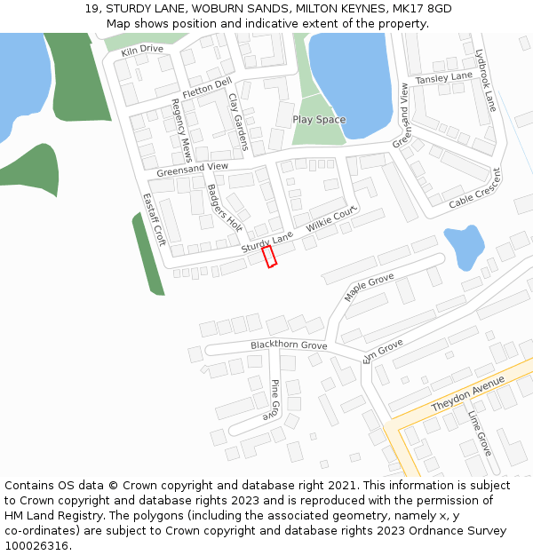 19, STURDY LANE, WOBURN SANDS, MILTON KEYNES, MK17 8GD: Location map and indicative extent of plot