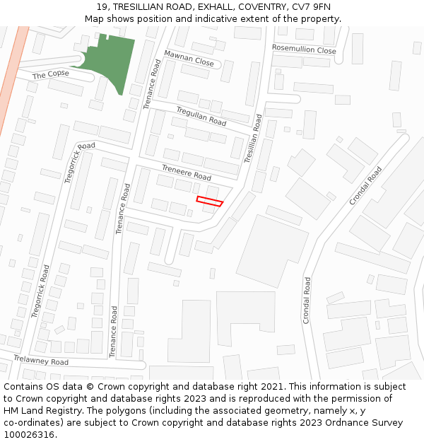 19, TRESILLIAN ROAD, EXHALL, COVENTRY, CV7 9FN: Location map and indicative extent of plot