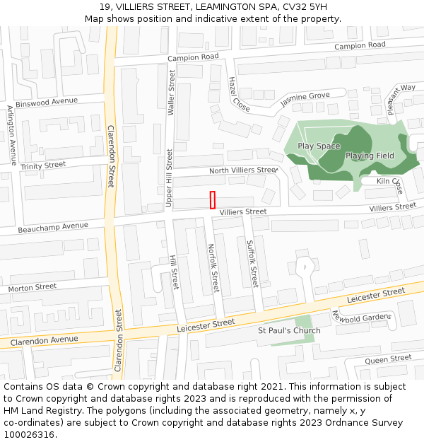 19, VILLIERS STREET, LEAMINGTON SPA, CV32 5YH: Location map and indicative extent of plot