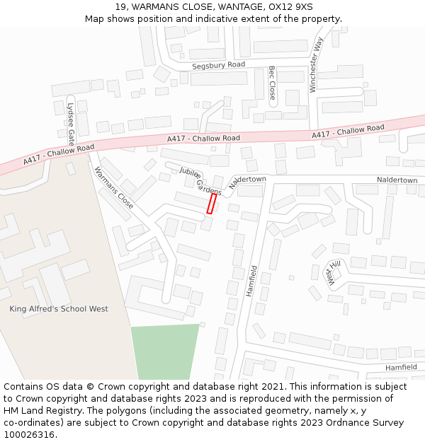 19, WARMANS CLOSE, WANTAGE, OX12 9XS: Location map and indicative extent of plot