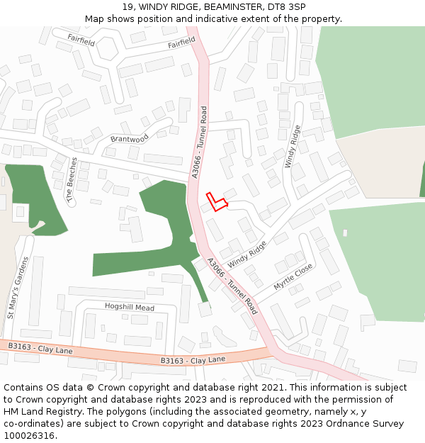 19, WINDY RIDGE, BEAMINSTER, DT8 3SP: Location map and indicative extent of plot