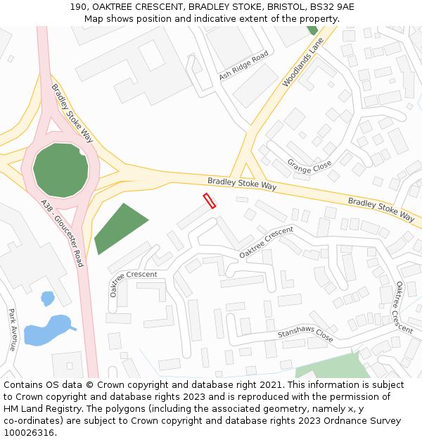 190, OAKTREE CRESCENT, BRADLEY STOKE, BRISTOL, BS32 9AE: Location map and indicative extent of plot