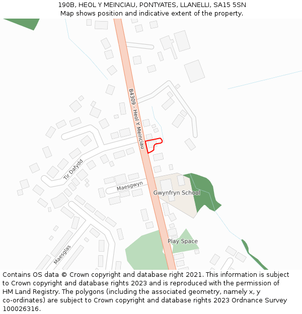 190B, HEOL Y MEINCIAU, PONTYATES, LLANELLI, SA15 5SN: Location map and indicative extent of plot