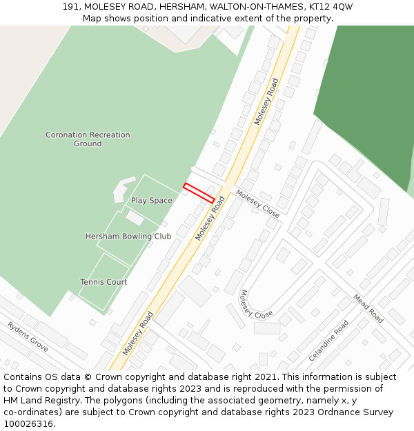 191, MOLESEY ROAD, HERSHAM, WALTON-ON-THAMES, KT12 4QW: Location map and indicative extent of plot