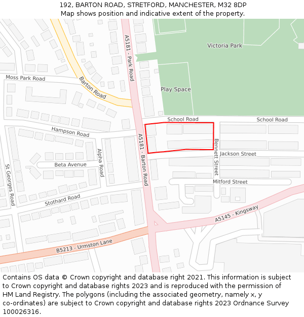 192, BARTON ROAD, STRETFORD, MANCHESTER, M32 8DP: Location map and indicative extent of plot