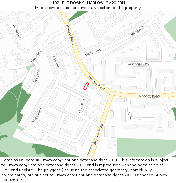 192, THE DOWNS, HARLOW, CM20 3RH: Location map and indicative extent of plot