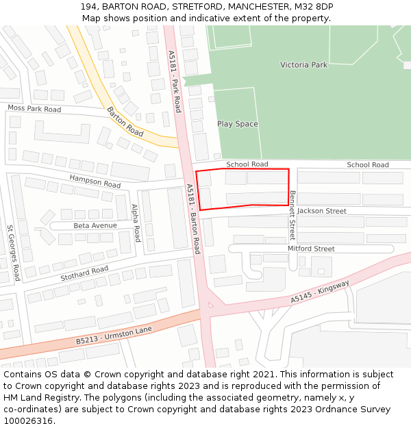 194, BARTON ROAD, STRETFORD, MANCHESTER, M32 8DP: Location map and indicative extent of plot