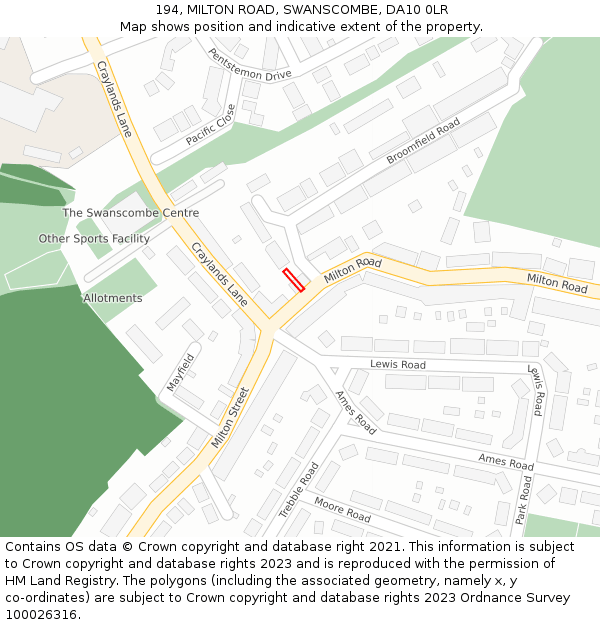 194, MILTON ROAD, SWANSCOMBE, DA10 0LR: Location map and indicative extent of plot