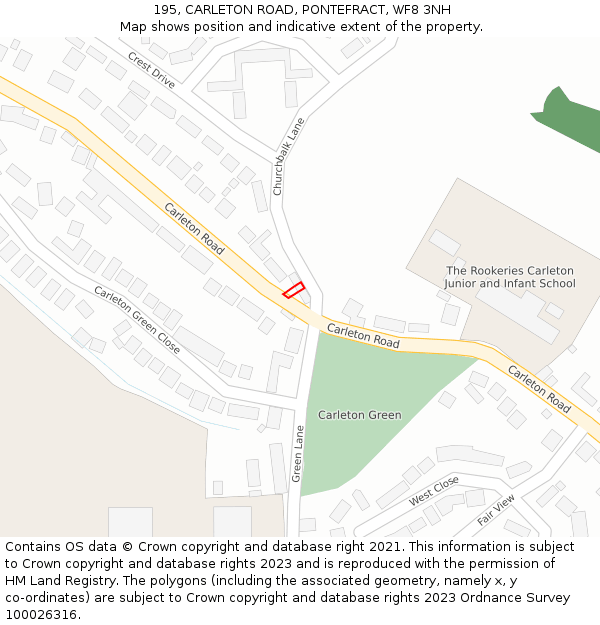 195, CARLETON ROAD, PONTEFRACT, WF8 3NH: Location map and indicative extent of plot