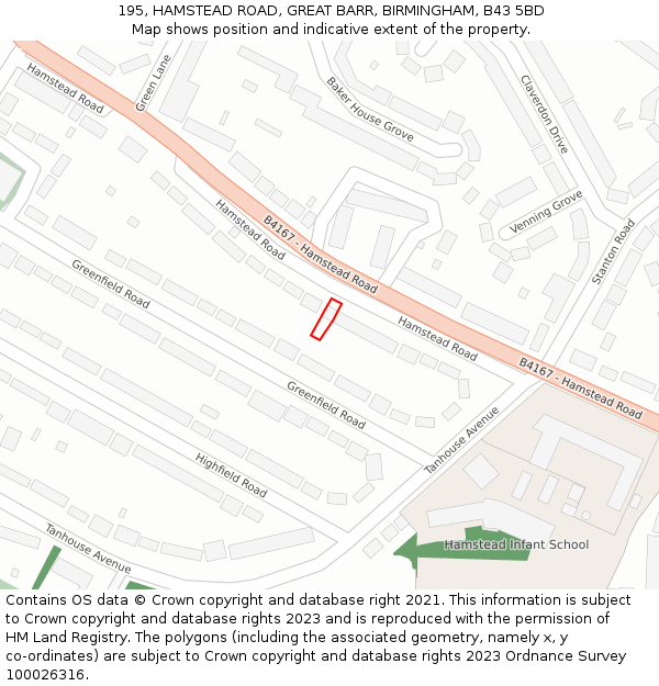 195, HAMSTEAD ROAD, GREAT BARR, BIRMINGHAM, B43 5BD: Location map and indicative extent of plot