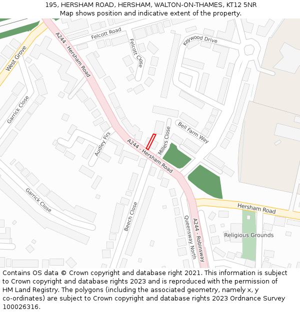 195, HERSHAM ROAD, HERSHAM, WALTON-ON-THAMES, KT12 5NR: Location map and indicative extent of plot
