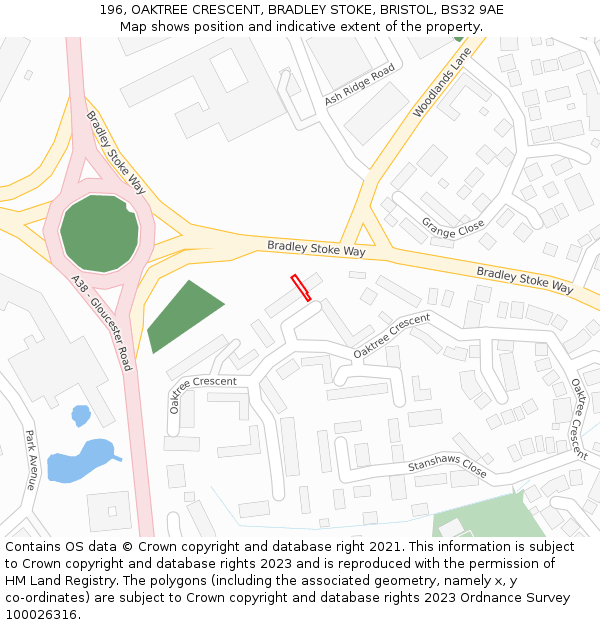 196, OAKTREE CRESCENT, BRADLEY STOKE, BRISTOL, BS32 9AE: Location map and indicative extent of plot