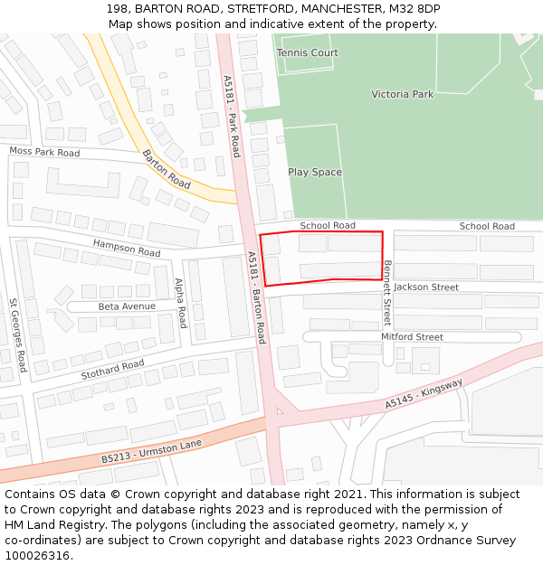 198, BARTON ROAD, STRETFORD, MANCHESTER, M32 8DP: Location map and indicative extent of plot