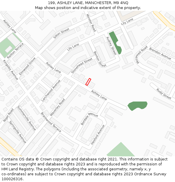 199, ASHLEY LANE, MANCHESTER, M9 4NQ: Location map and indicative extent of plot