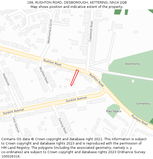 199, RUSHTON ROAD, DESBOROUGH, KETTERING, NN14 2QB: Location map and indicative extent of plot
