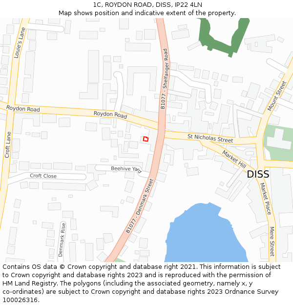 1C, ROYDON ROAD, DISS, IP22 4LN: Location map and indicative extent of plot