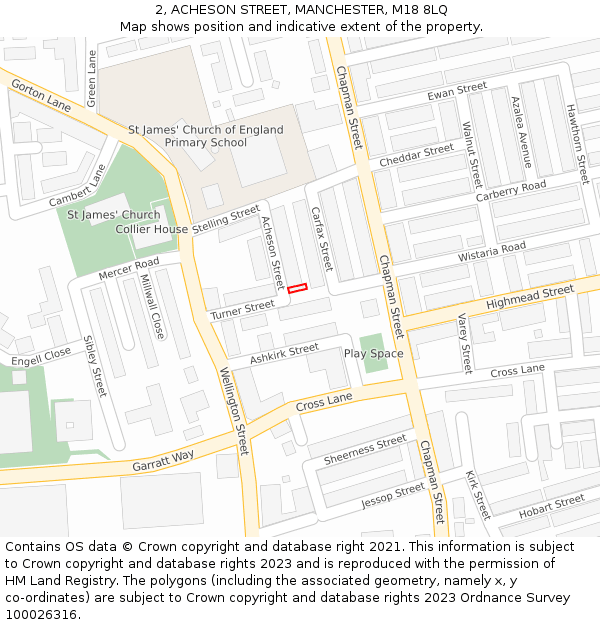 2, ACHESON STREET, MANCHESTER, M18 8LQ: Location map and indicative extent of plot