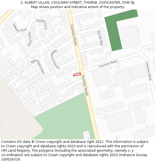 2, ALBERT VILLAS, COULMAN STREET, THORNE, DONCASTER, DN8 5JL: Location map and indicative extent of plot
