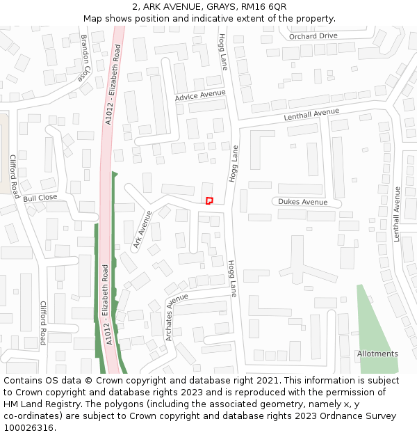 2, ARK AVENUE, GRAYS, RM16 6QR: Location map and indicative extent of plot