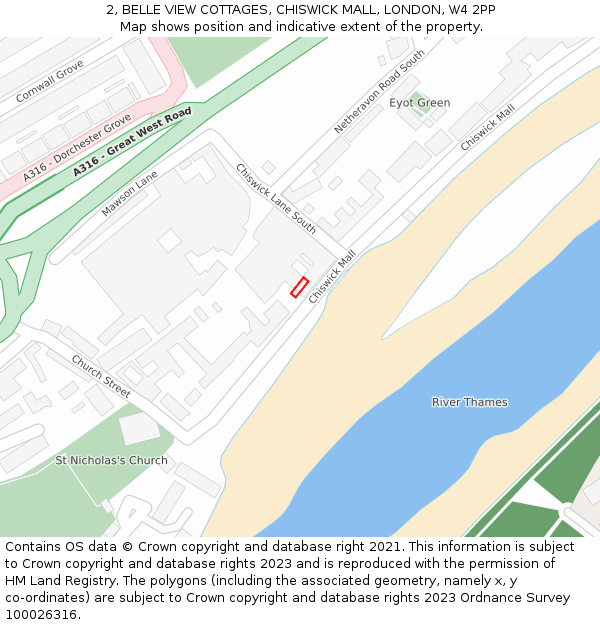 2, BELLE VIEW COTTAGES, CHISWICK MALL, LONDON, W4 2PP: Location map and indicative extent of plot