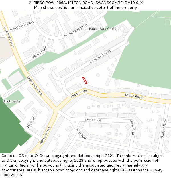 2, BIRDS ROW, 186A, MILTON ROAD, SWANSCOMBE, DA10 0LX: Location map and indicative extent of plot