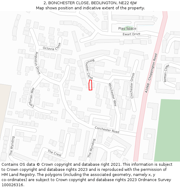 2, BONCHESTER CLOSE, BEDLINGTON, NE22 6JW: Location map and indicative extent of plot