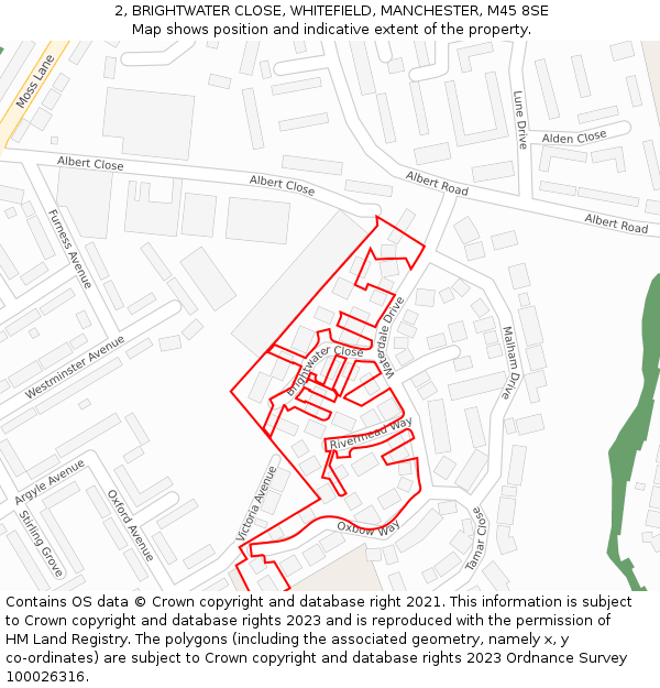 2, BRIGHTWATER CLOSE, WHITEFIELD, MANCHESTER, M45 8SE: Location map and indicative extent of plot