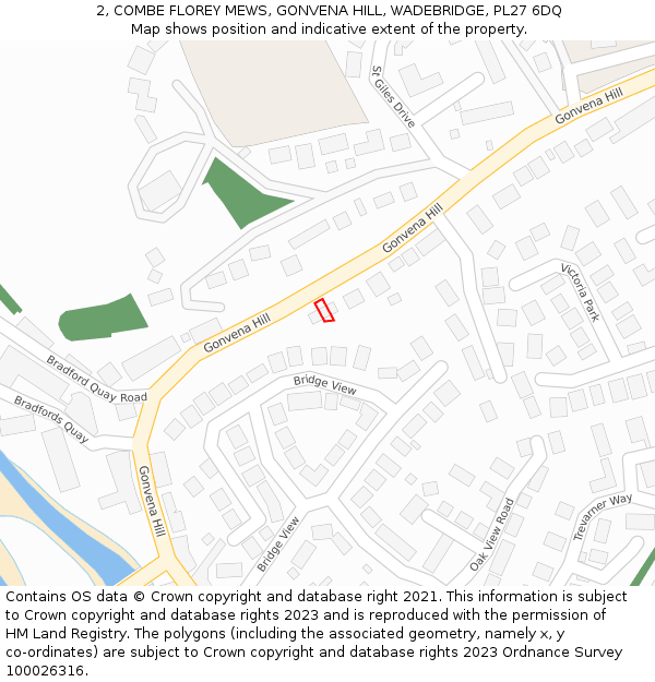 2, COMBE FLOREY MEWS, GONVENA HILL, WADEBRIDGE, PL27 6DQ: Location map and indicative extent of plot