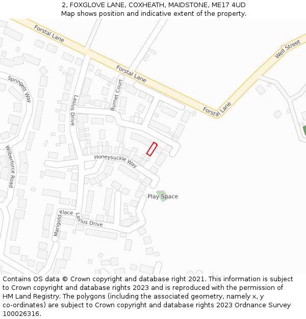 2, FOXGLOVE LANE, COXHEATH, MAIDSTONE, ME17 4UD: Location map and indicative extent of plot