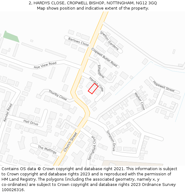 2, HARDYS CLOSE, CROPWELL BISHOP, NOTTINGHAM, NG12 3GQ: Location map and indicative extent of plot