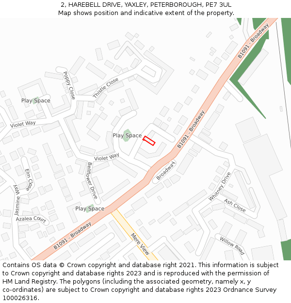 2, HAREBELL DRIVE, YAXLEY, PETERBOROUGH, PE7 3UL: Location map and indicative extent of plot