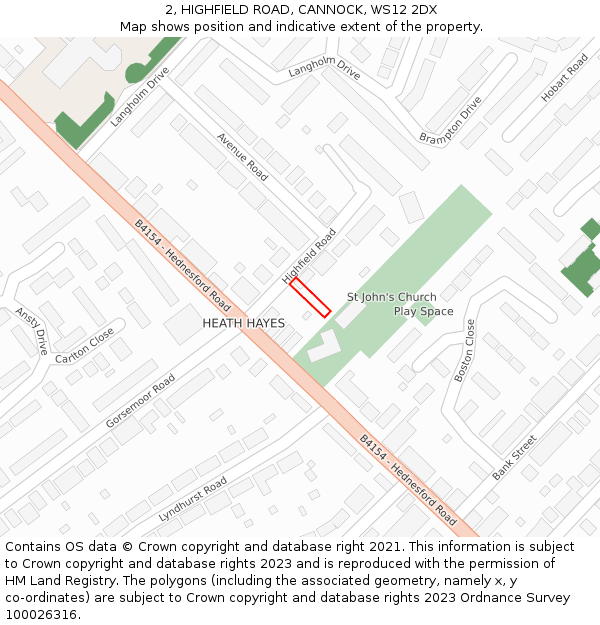 2, HIGHFIELD ROAD, CANNOCK, WS12 2DX: Location map and indicative extent of plot