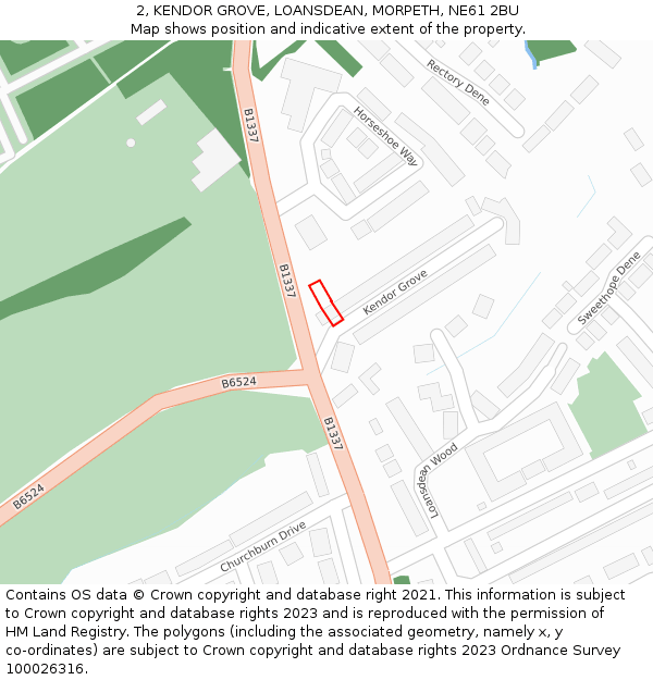 2, KENDOR GROVE, LOANSDEAN, MORPETH, NE61 2BU: Location map and indicative extent of plot