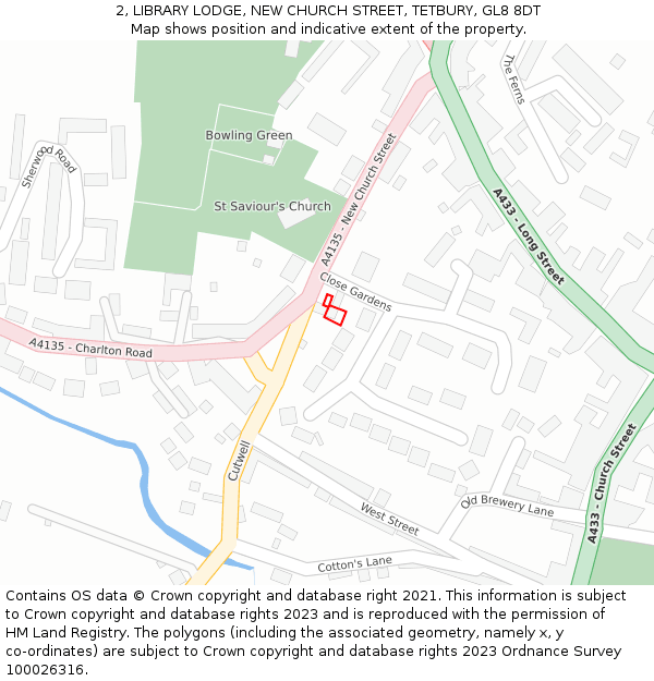 2, LIBRARY LODGE, NEW CHURCH STREET, TETBURY, GL8 8DT: Location map and indicative extent of plot