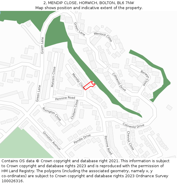 2, MENDIP CLOSE, HORWICH, BOLTON, BL6 7NW: Location map and indicative extent of plot