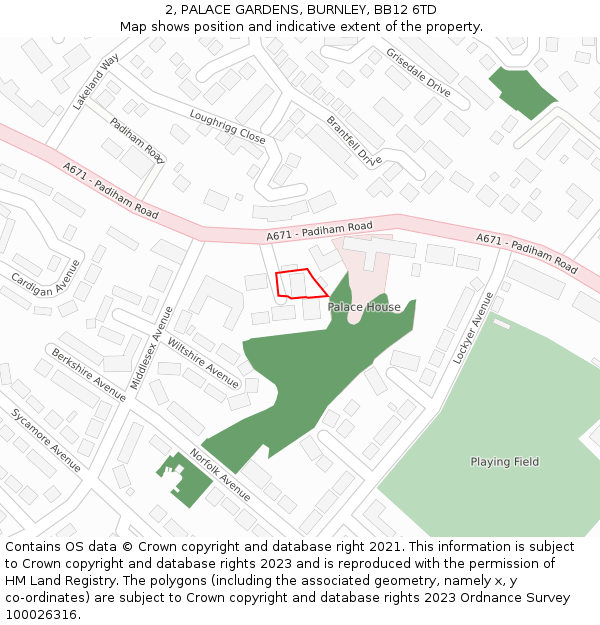 2, PALACE GARDENS, BURNLEY, BB12 6TD: Location map and indicative extent of plot