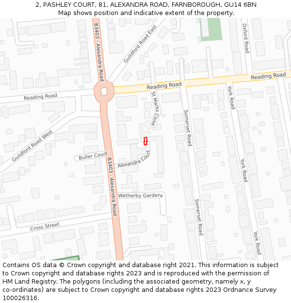2, PASHLEY COURT, 81, ALEXANDRA ROAD, FARNBOROUGH, GU14 6BN: Location map and indicative extent of plot