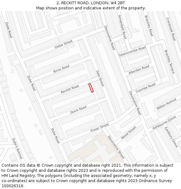 2, RECKITT ROAD, LONDON, W4 2BT: Location map and indicative extent of plot