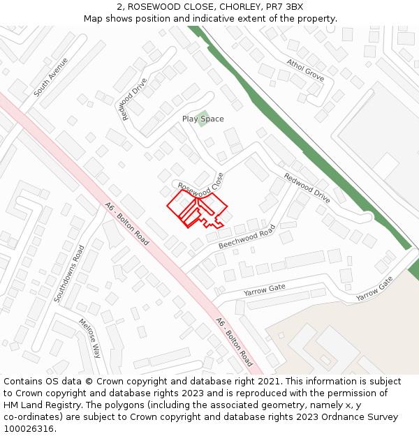 2, ROSEWOOD CLOSE, CHORLEY, PR7 3BX: Location map and indicative extent of plot