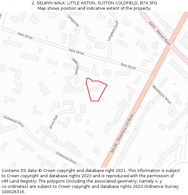 2, SELWYN WALK, LITTLE ASTON, SUTTON COLDFIELD, B74 3FG: Location map and indicative extent of plot