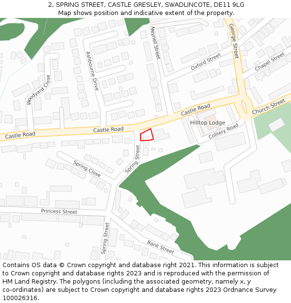 2, SPRING STREET, CASTLE GRESLEY, SWADLINCOTE, DE11 9LG: Location map and indicative extent of plot