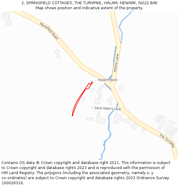 2, SPRINGFIELD COTTAGES, THE TURNPIKE, HALAM, NEWARK, NG22 8AE: Location map and indicative extent of plot