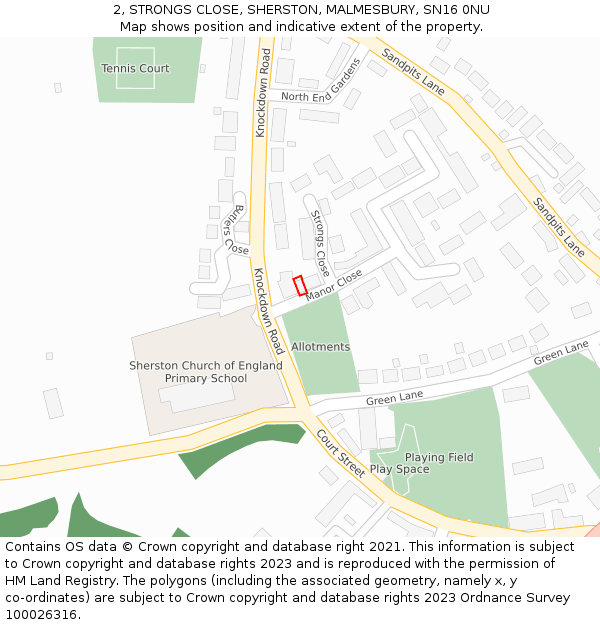 2, STRONGS CLOSE, SHERSTON, MALMESBURY, SN16 0NU: Location map and indicative extent of plot