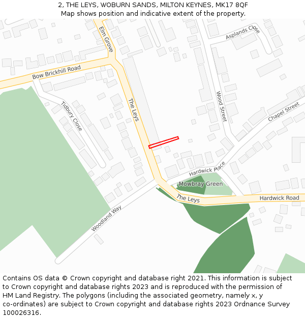 2, THE LEYS, WOBURN SANDS, MILTON KEYNES, MK17 8QF: Location map and indicative extent of plot