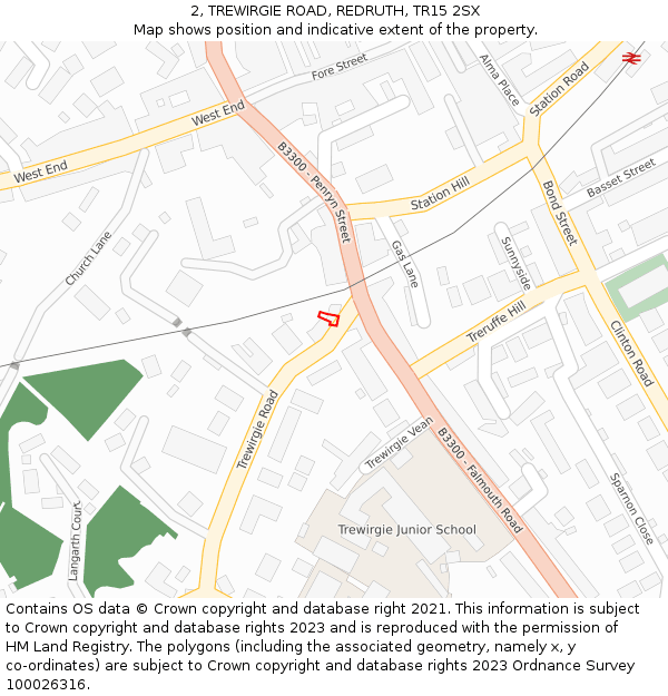 2, TREWIRGIE ROAD, REDRUTH, TR15 2SX: Location map and indicative extent of plot
