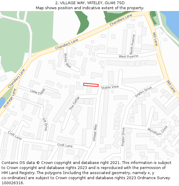2, VILLAGE WAY, YATELEY, GU46 7SD: Location map and indicative extent of plot