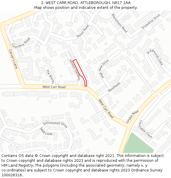 2, WEST CARR ROAD, ATTLEBOROUGH, NR17 1AA: Location map and indicative extent of plot